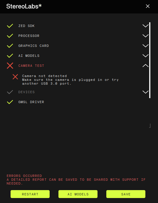 Camera test in Diagnostics tool fails saying 'camera not detected