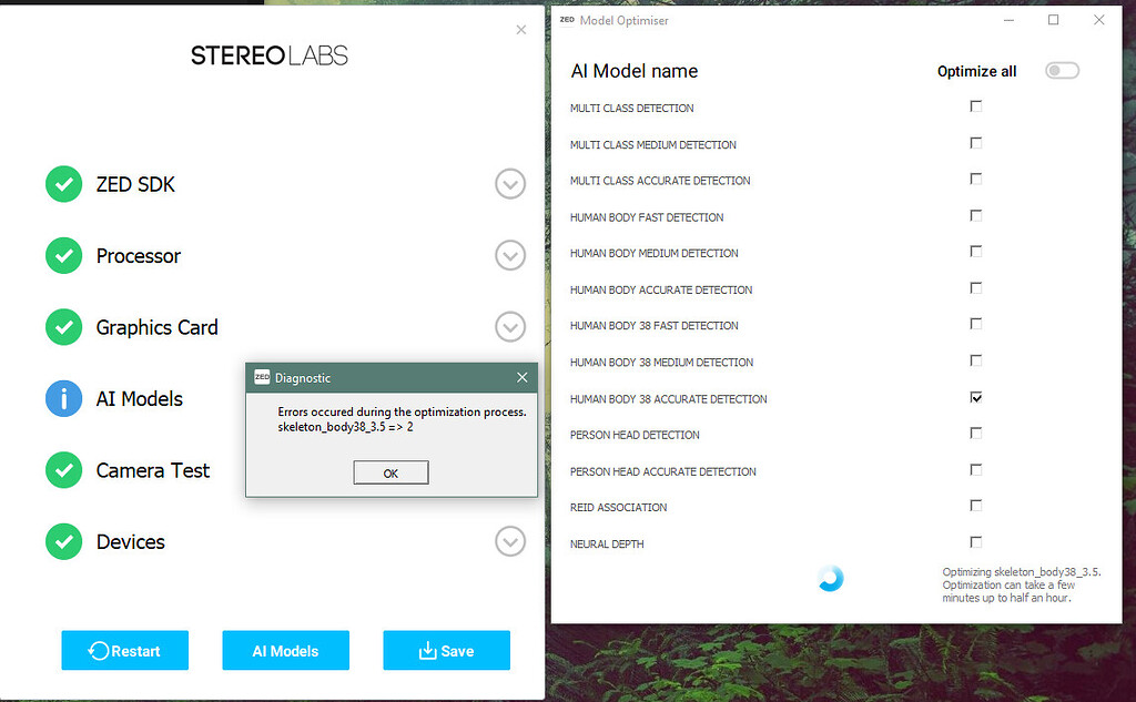 Errors ocurred during the optimization process - Stereolabs Forums
