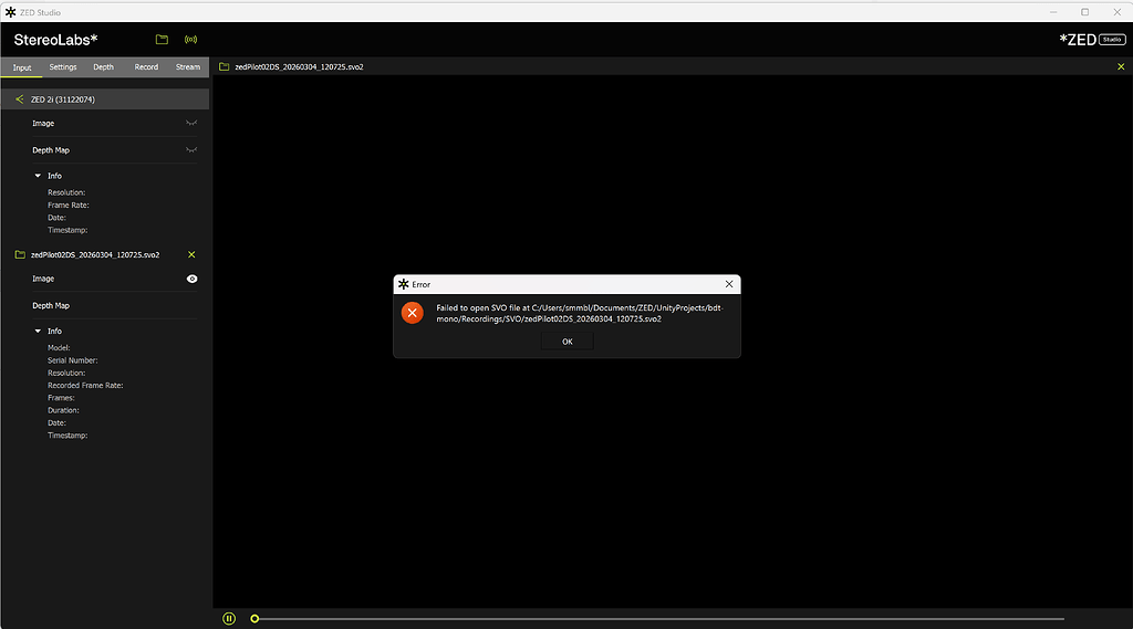 Cannot Open SVO2 with Zed Studio + Zed Diagnosis Crash - Stereolabs Forums